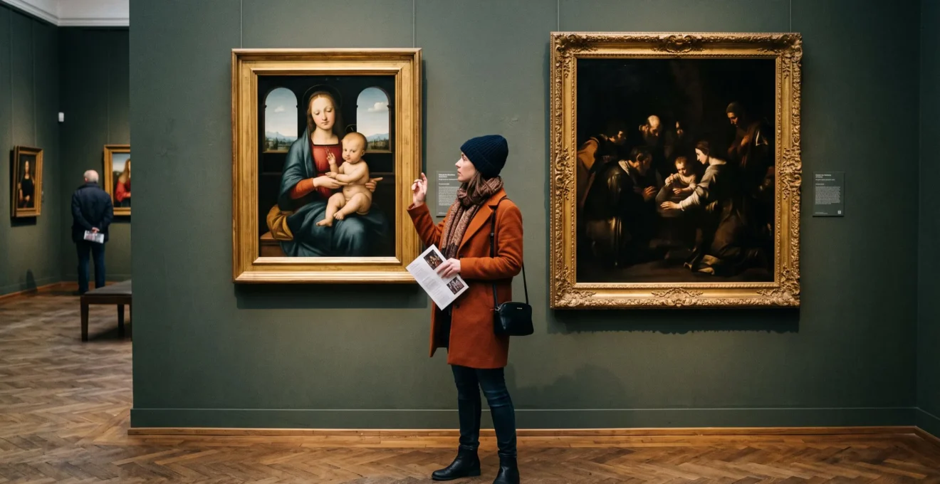 A visitor in a museum gallery compares a balanced Renaissance-style painting with a dark, dramatically lit Baroque-style painting hanging side by side.