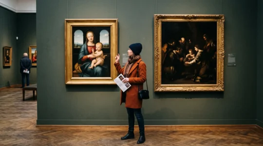 A visitor in a museum gallery compares a balanced Renaissance-style painting with a dark, dramatically lit Baroque-style painting hanging side by side.