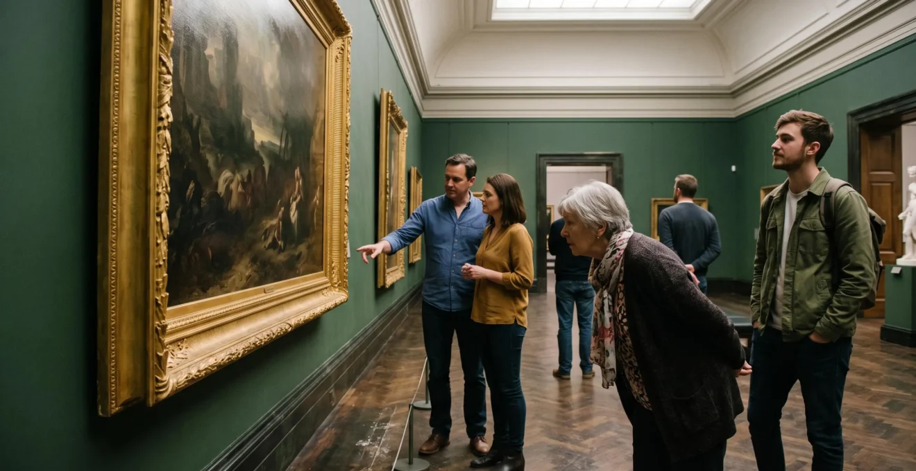 Museum visitors standing at different distances in front of a large classical oil painting in a gallery