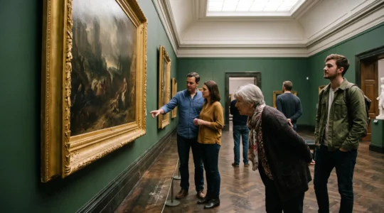 Museum visitors standing at different distances in front of a large classical oil painting in a gallery