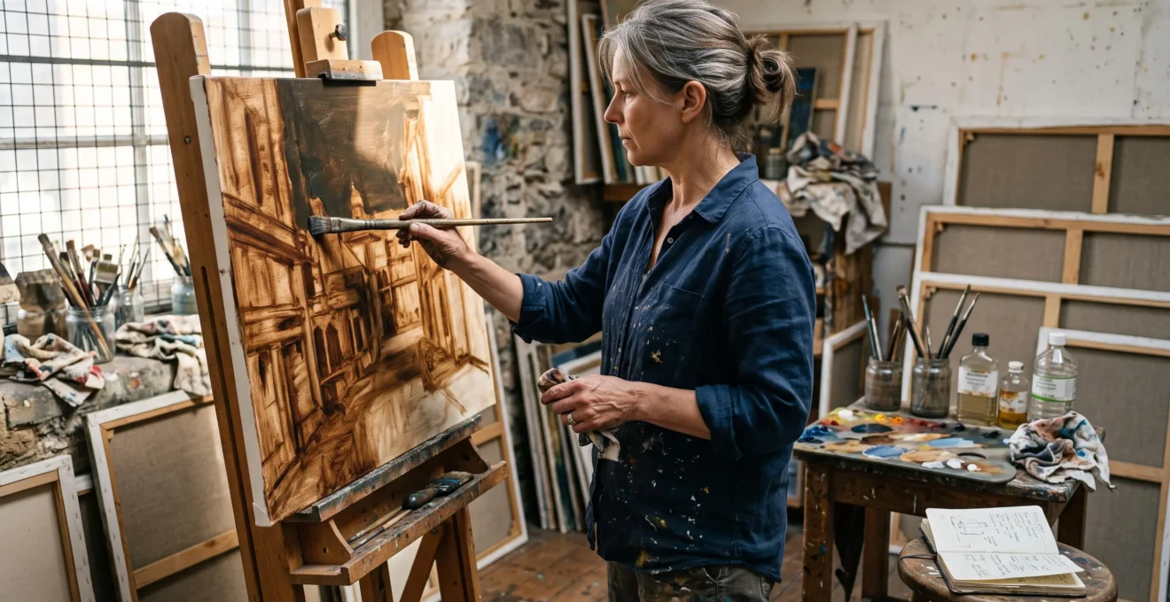 A painter applies a thin oil layer over an earth-toned underpainting on a canvas at an easel in a naturally lit studio.