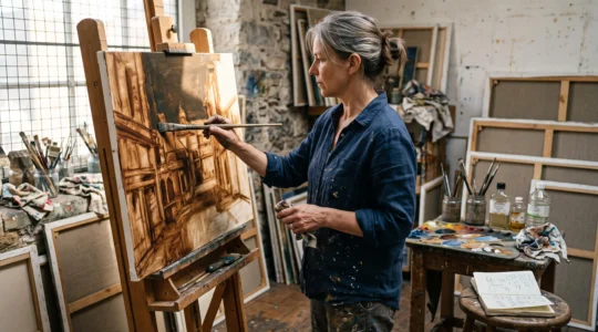 A painter applies a thin oil layer over an earth-toned underpainting on a canvas at an easel in a naturally lit studio.