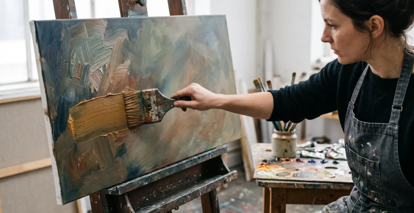 A painter's hand pulling a thick, loaded brushstroke across a canvas in a naturally lit studio, with contrasting loose and blended passages of paint already visible on the surface.