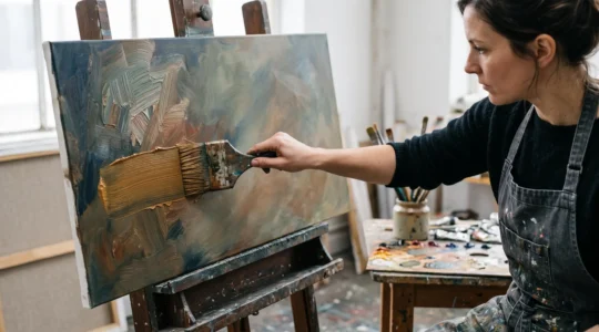 A painter's hand pulling a thick, loaded brushstroke across a canvas in a naturally lit studio, with contrasting loose and blended passages of paint already visible on the surface.