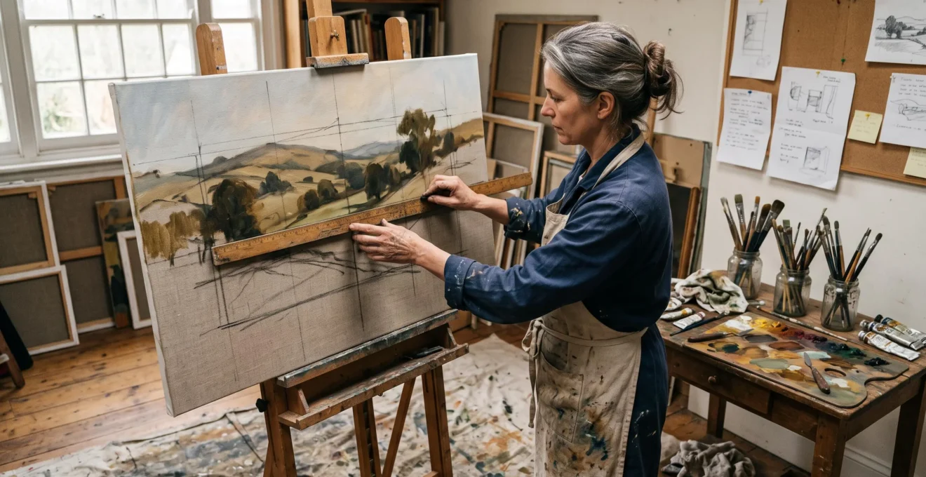A painter measures proportional divisions on an unfinished canvas with a wooden ruler and charcoal in a naturally lit studio.