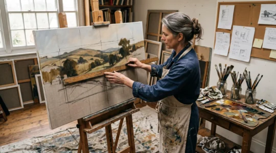 A painter measures proportional divisions on an unfinished canvas with a wooden ruler and charcoal in a naturally lit studio.