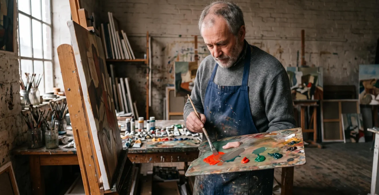 A painter at a wooden easel mixes red and green pigments on a worn palette in a naturally lit studio filled with canvases and paint tubes.