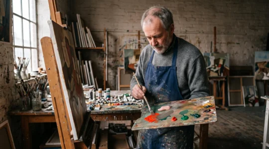 A painter at a wooden easel mixes red and green pigments on a worn palette in a naturally lit studio filled with canvases and paint tubes.