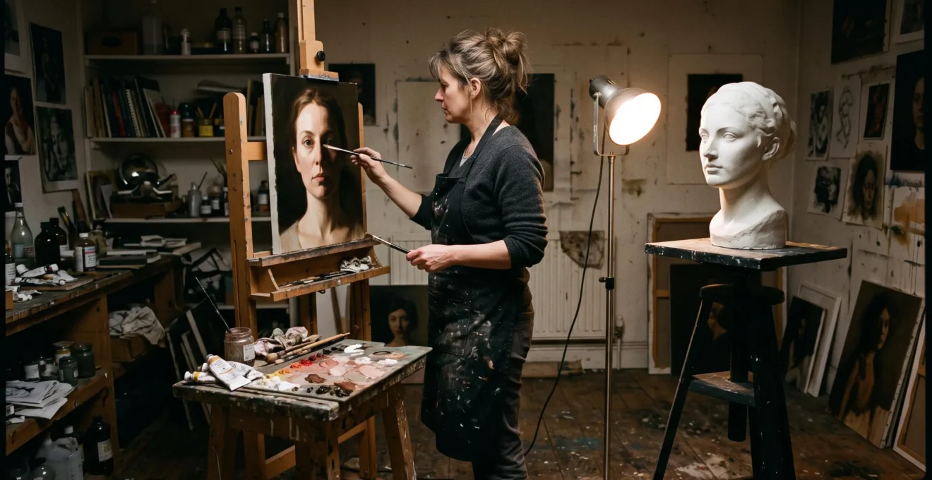 A painter works on a portrait at an easel while a single lamp lights a plaster head model, dividing the studio into strong light and shadow.