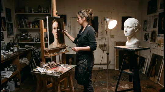 A painter works on a portrait at an easel while a single lamp lights a plaster head model, dividing the studio into strong light and shadow.