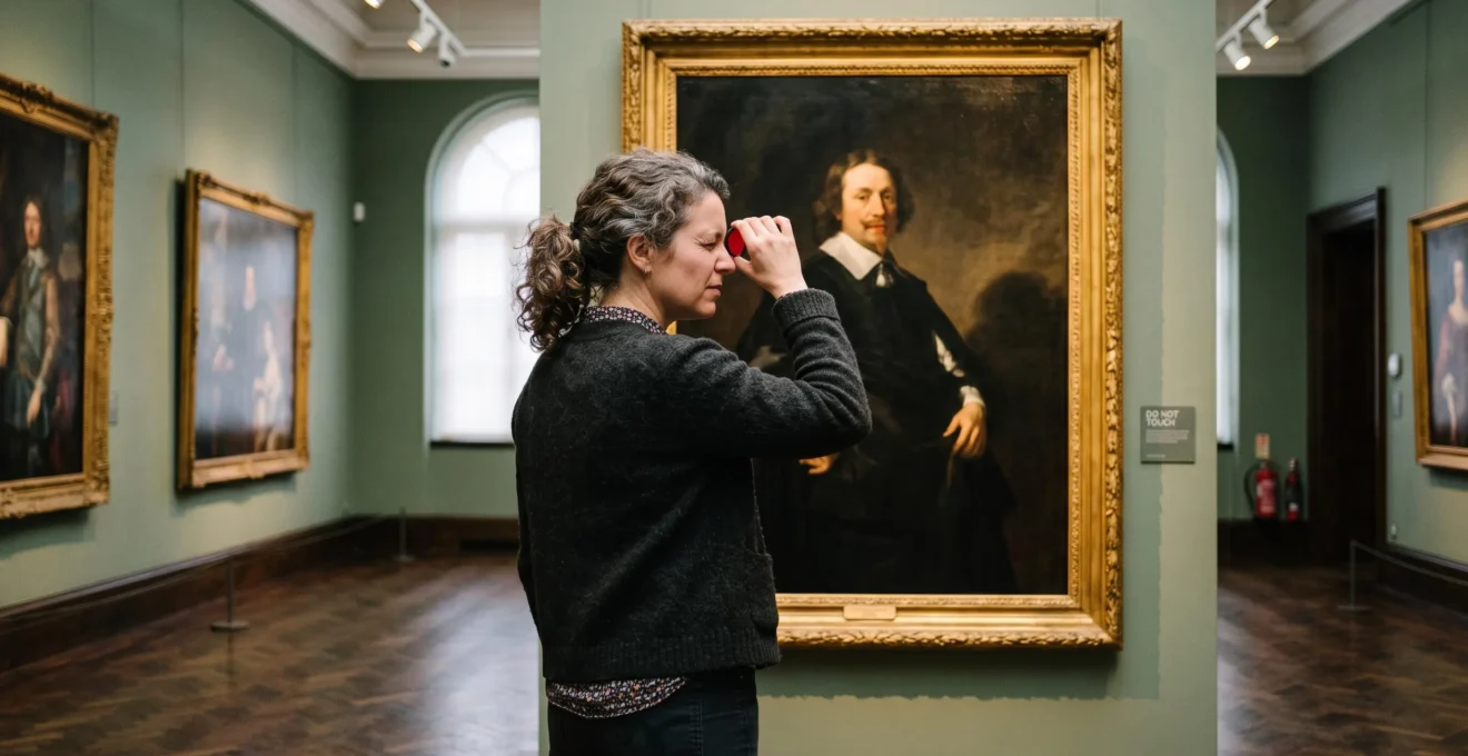 A painter squints through a red viewing filter while studying the light and dark masses of a large classical portrait in a gallery.
