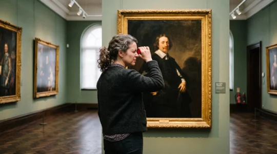 A painter squints through a red viewing filter while studying the light and dark masses of a large classical portrait in a gallery.