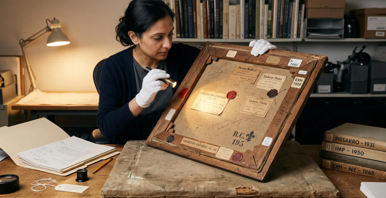 A researcher wearing white gloves examines old labels and markings on the back of a painting under a raking light in an auction house examination room.