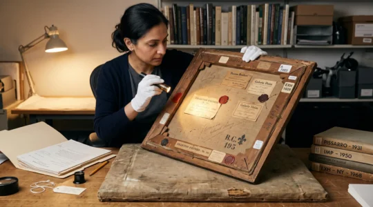A researcher wearing white gloves examines old labels and markings on the back of a painting under a raking light in an auction house examination room.