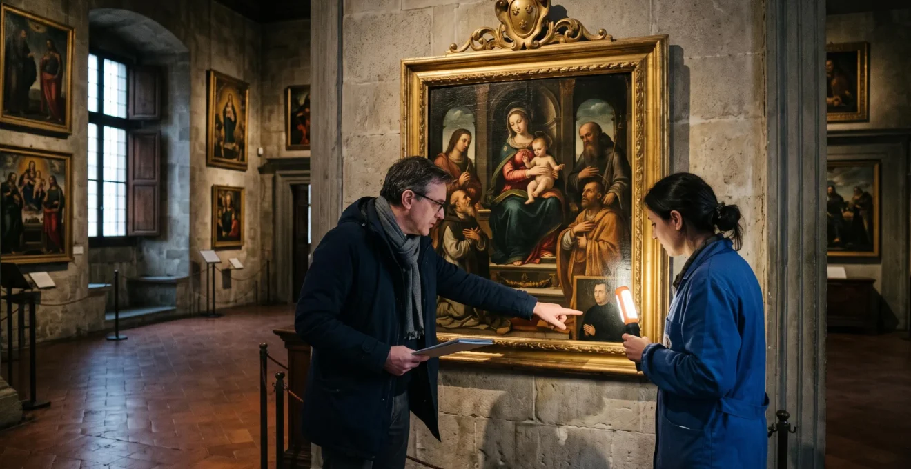 An art historian points to a donor portrait on a Renaissance altarpiece while a curator inspects the painted surface with a lamp in a dim gallery.