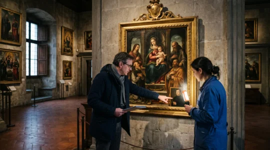 An art historian points to a donor portrait on a Renaissance altarpiece while a curator inspects the painted surface with a lamp in a dim gallery.
