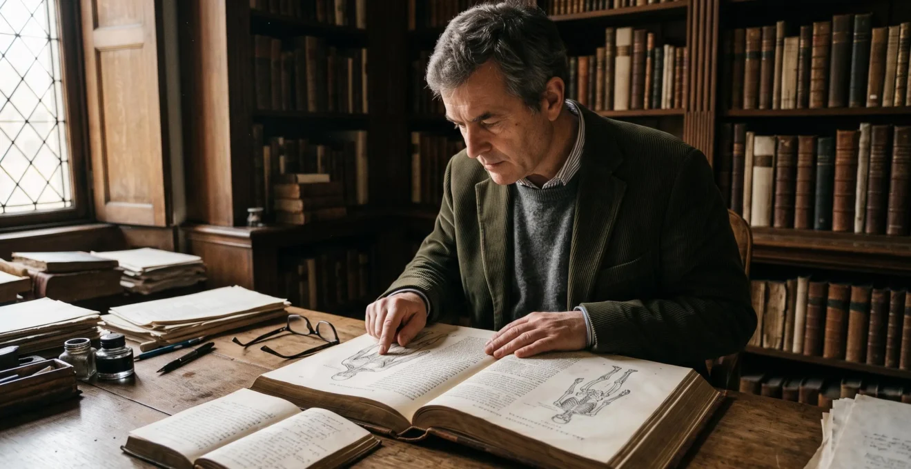 A scholar leans over an open antique volume of classical texts and anatomical drawings on a worn wooden table lit by window light.