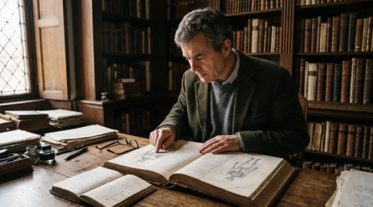 A scholar leans over an open antique volume of classical texts and anatomical drawings on a worn wooden table lit by window light.