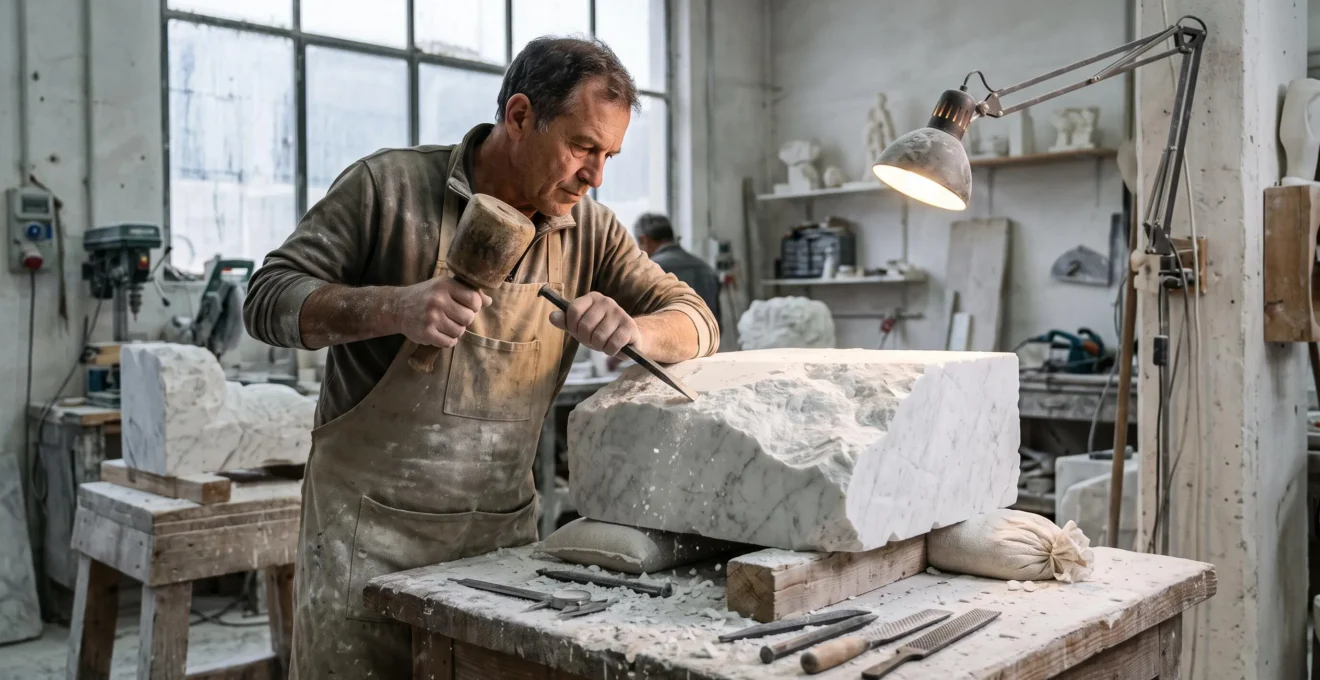 A sculptor carving a thin layer from a marble block with a flat chisel and mallet in a workshop filled with marble dust.