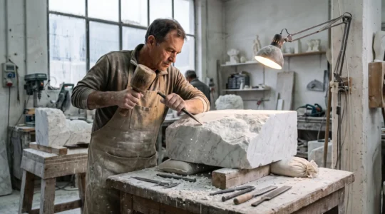 A sculptor carving a thin layer from a marble block with a flat chisel and mallet in a workshop filled with marble dust.