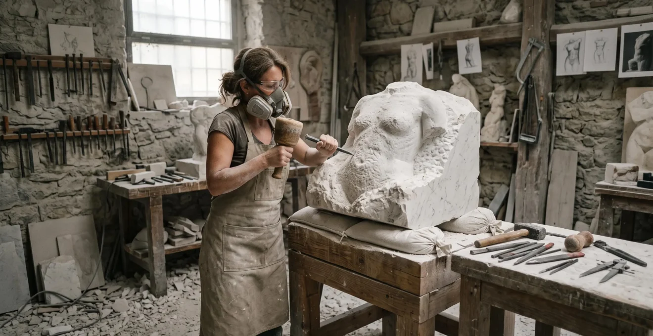 A sculptor strikes a point chisel against a marble block from which a half-carved human torso is emerging, in a dust-filled workshop lit by natural light.