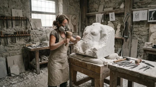 A sculptor strikes a point chisel against a marble block from which a half-carved human torso is emerging, in a dust-filled workshop lit by natural light.