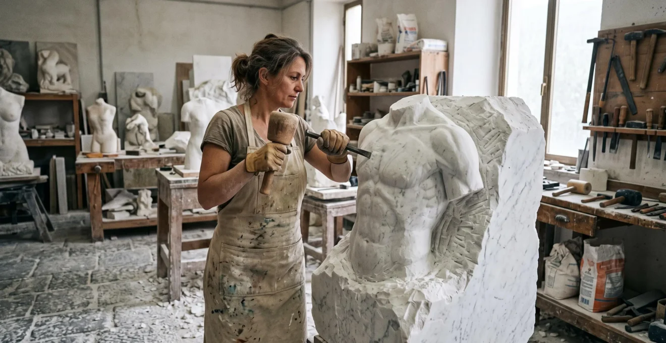 A sculptor carving anatomical muscle forms into a large marble block with mallet and chisel in a natural-lit stone workshop.