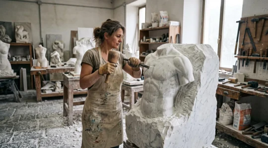 A sculptor carving anatomical muscle forms into a large marble block with mallet and chisel in a natural-lit stone workshop.