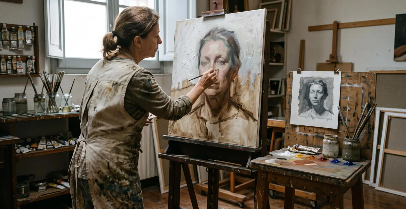 A painter working on a layered classical oil portrait at an easel in a naturally lit traditional studio, with a monochrome value study and a limited pigment palette nearby.