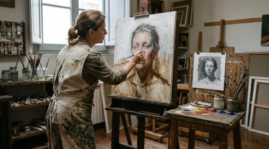 A painter working on a layered classical oil portrait at an easel in a naturally lit traditional studio, with a monochrome value study and a limited pigment palette nearby.